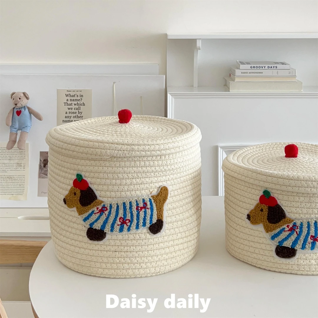 可爱腊肠狗棉绳编织收纳筐带盖防尘桌面收纳篮家用居家实用物品
