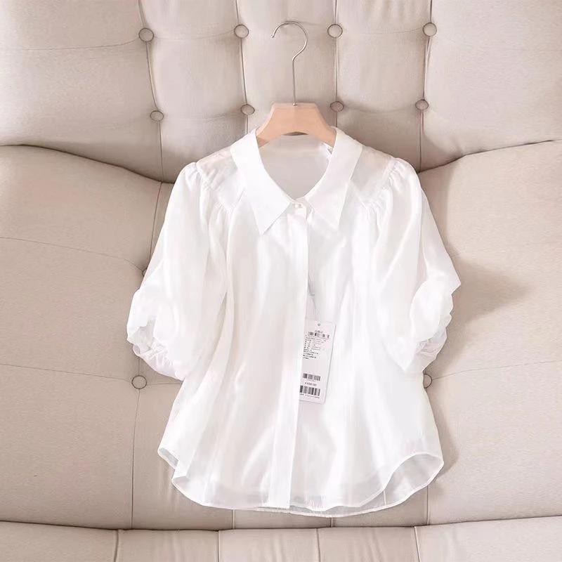 法式优雅宫廷风!宽松百搭翻领一粒扣泡泡袖透气薄款纯色衬衫女
