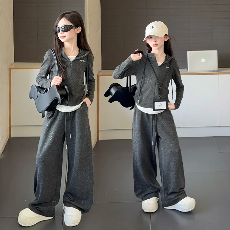 女童秋装套装2025新款洋气秋季中大童小女孩时髦假两件连帽两件套