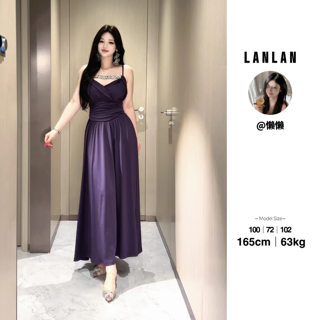 Lanlan-【未开价】优雅气质吊带连衣裙烫钻性感显瘦修身长裙