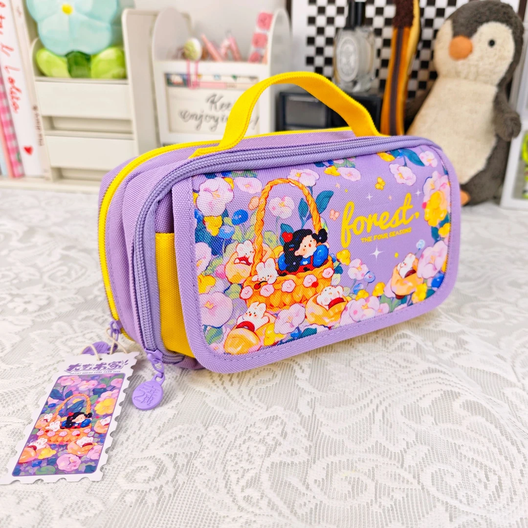 三年二班插画师联名紫色花圃新款大容量笔袋开学文具袋收纳袋 L