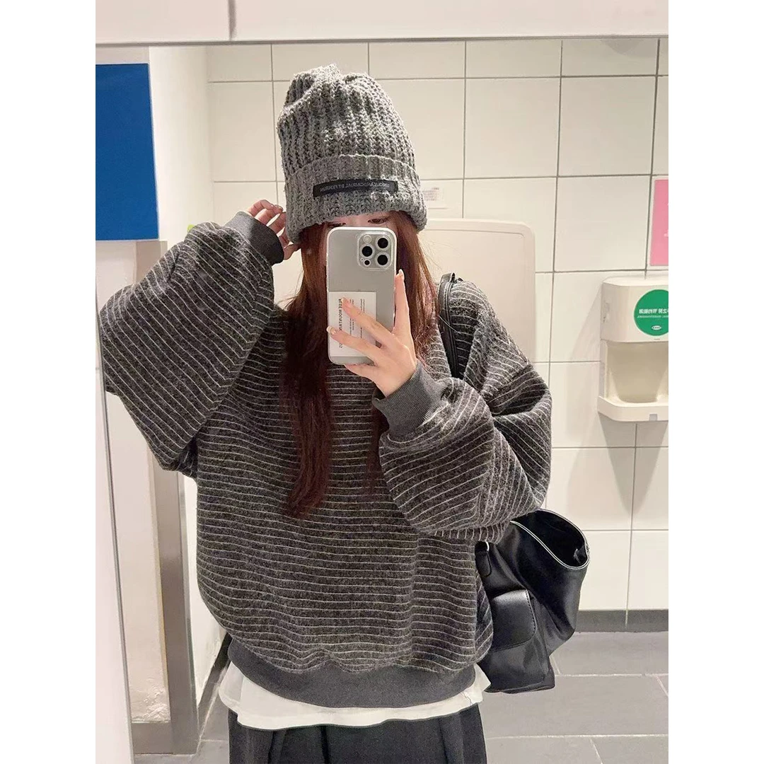 美式复古条纹圆领卫衣女2025新款宽松慵懒风秋季外穿单穿长袖上衣