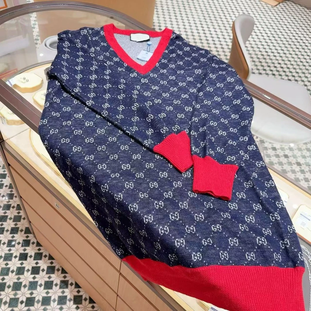 99新 GUCCI/古驰 双G满logo红蓝拼色针织连衣裙 M码
