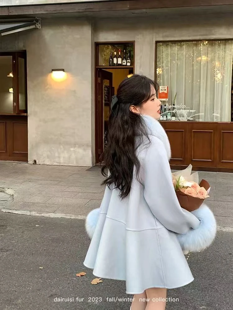 暖冬芭蕾双面羊毛大衣狐狸毛