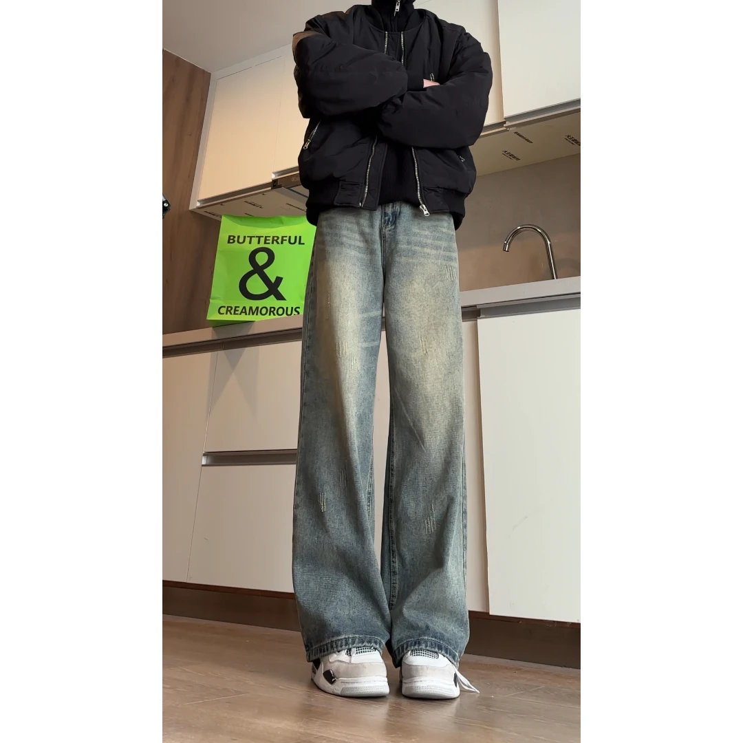 2024新款冬季牛仔裤男美式复古裤子宽松阔腿直筒裤加绒加厚长裤