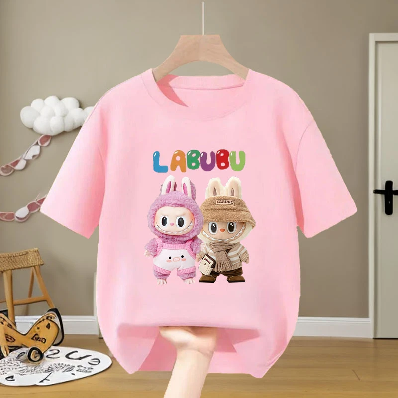 夏季卡通童装labubu拉布布可爱男女儿童纯棉圆领宽松短袖体恤上衣