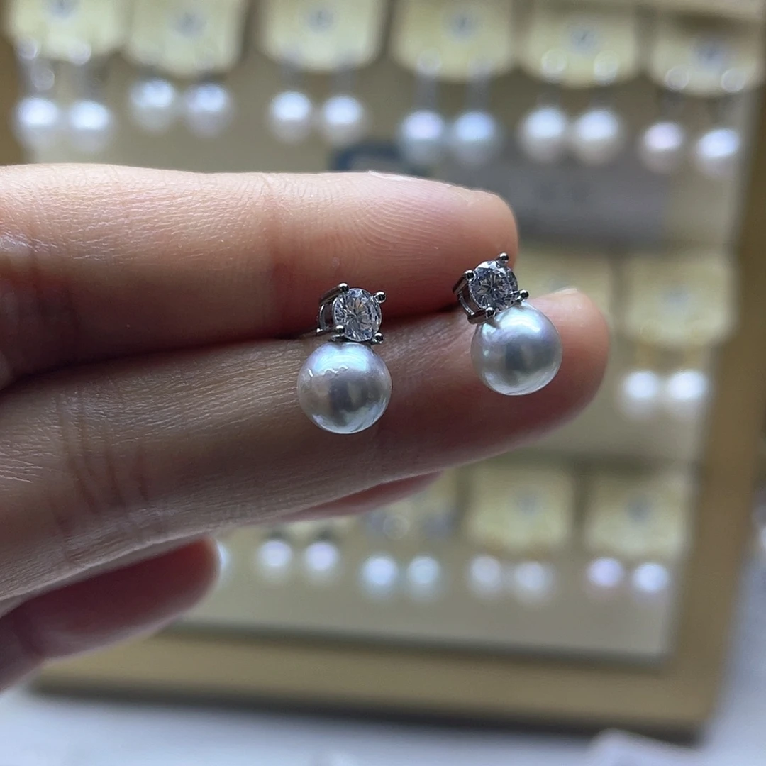 海水珍珠银S925镶嵌耳饰
