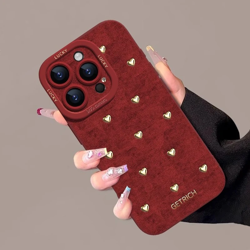 丝绒爱心铆钉适用苹果17promax手机壳iphone16pro新款15p秋冬新年