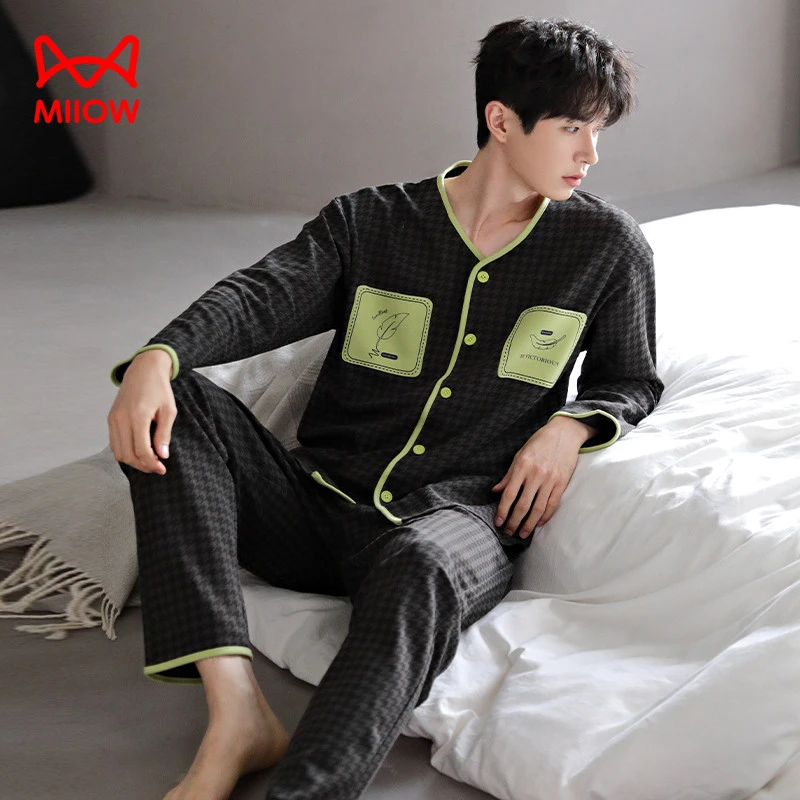 猫人经典睡衣男士纯棉春秋季长袖开衫V领秋冬天男款100全棉家居服