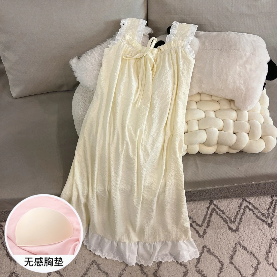 新款睡衣女夏季吊带睡裙大码薄款凉感带胸垫可外穿杏色裙家居服