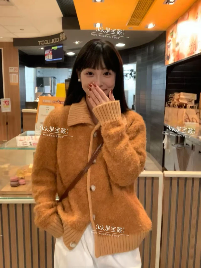 【原单高克重】秋冬圈圈纱针织开衫女拼接翻领毛衣外套慵懒别致软糯