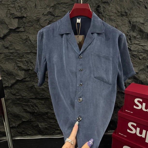 夏季男士时尚百搭霜感薄款休闲短袖衬衫纯色