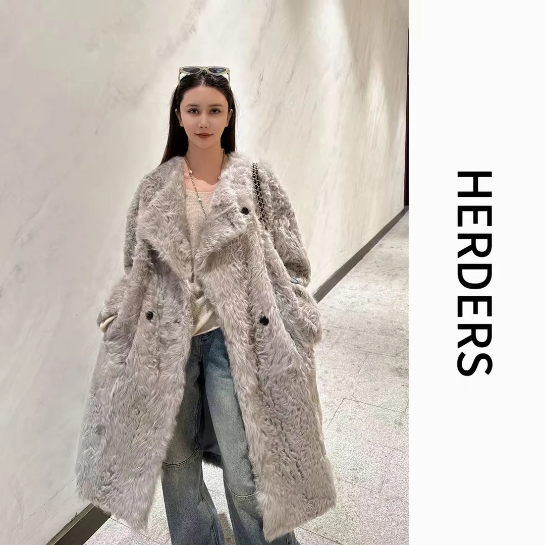 HERDERS 长款圆领纽扣款皮毛一体外套 257032