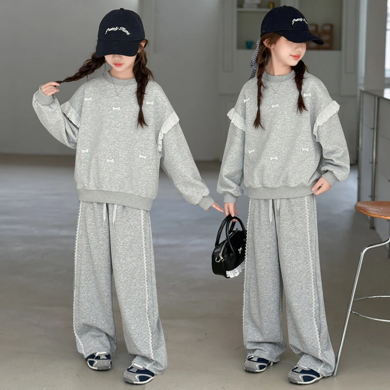 女童秋装套装2025新款洋气儿童花边蝴蝶结圆领卫衣女孩宽松童装潮