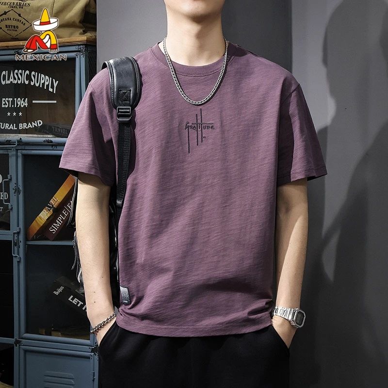 Mexican/稻草人夏季重磅纯棉男士t恤短袖宽松潮牌美式刺绣体恤薄