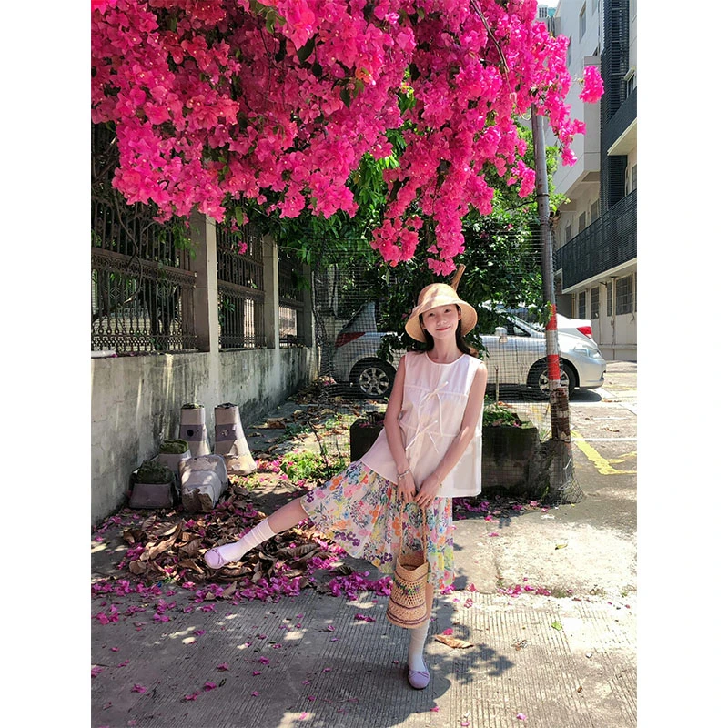 韩系夏季新款甜美温柔高级感气质无袖上衣高腰修身显瘦碎花半身裙