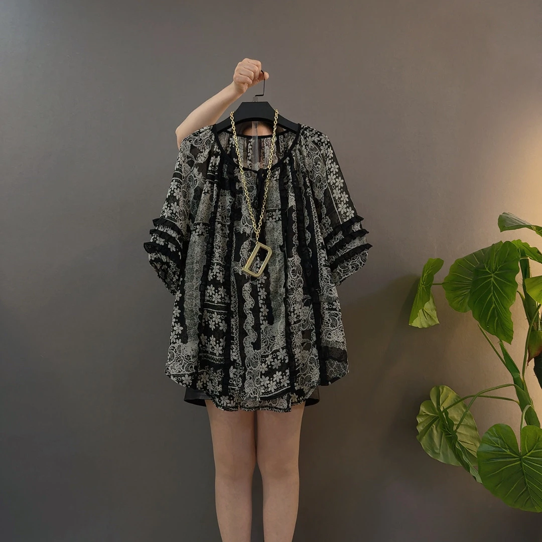 木耳边雪纺印花圆领系带小众设计撞色拼接百搭衬衫