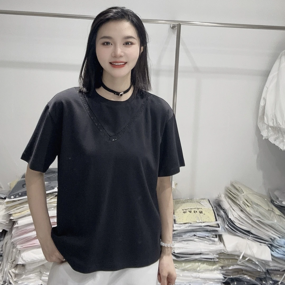 LMM 2569 2025夏季新款设计感钩花镂空短袖T恤女宽松显瘦圆领百搭