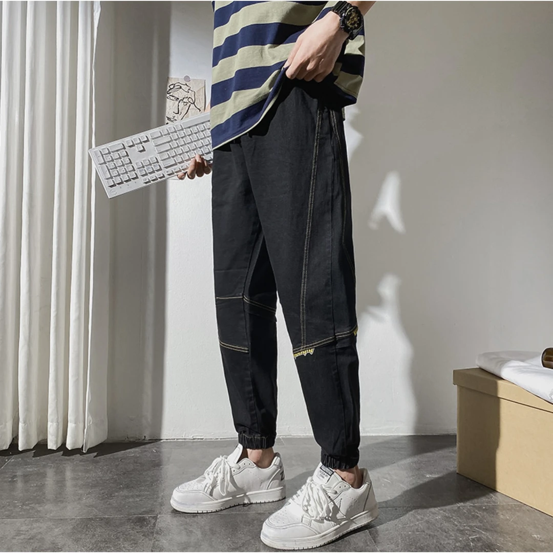 【OY】黑色休闲刺绣加绒牛仔裤