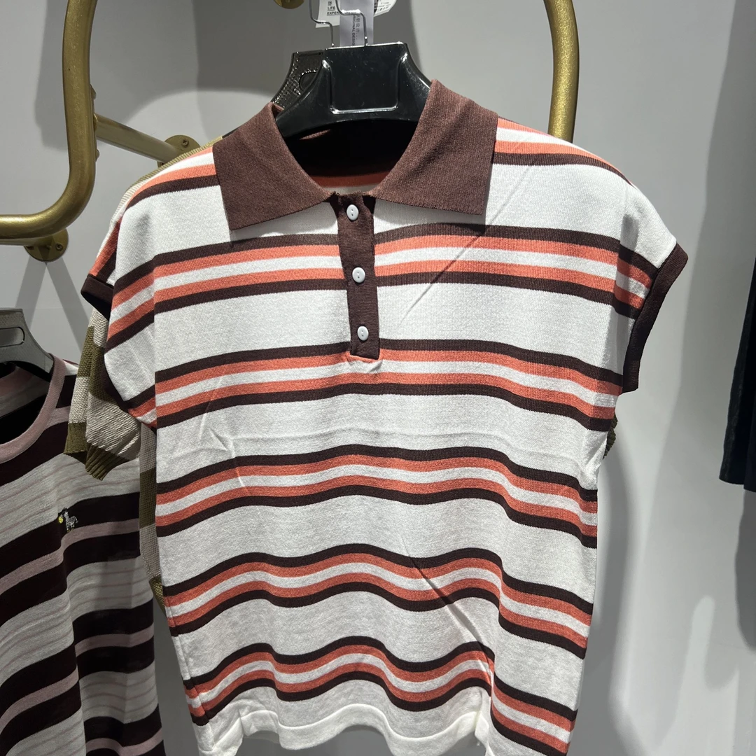 薄款冰丝针织衫女针织短袖2025新款夏季条纹Polo衫小飞袖坎肩上衣