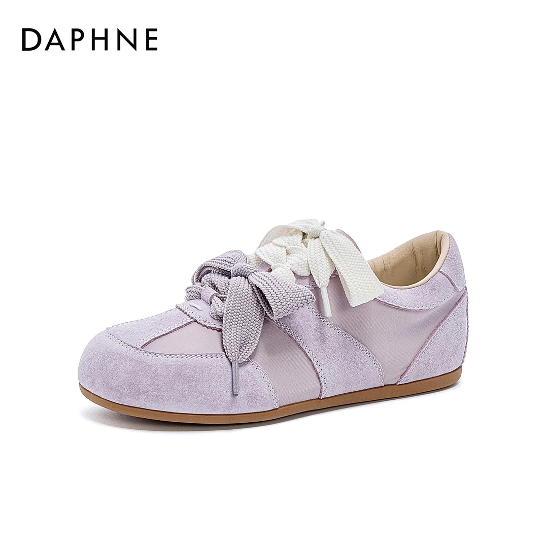 【达芙妮】25年新款时尚百搭双系带女鞋纯色平底舒适德训鞋 跟高3
