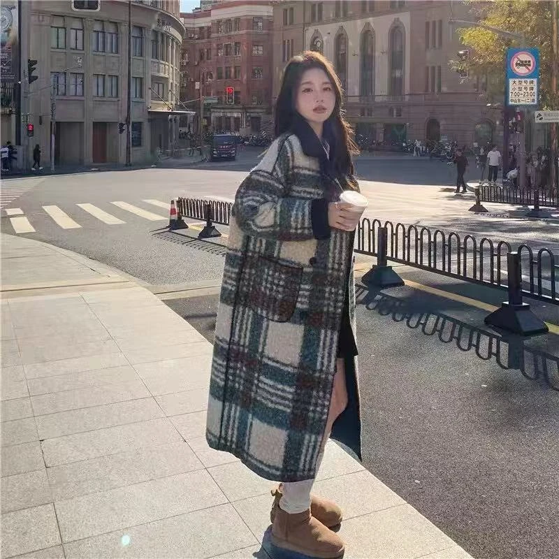 La Vague感两面穿格子毛呢外套女2024冬季新款中长款气质呢子大衣