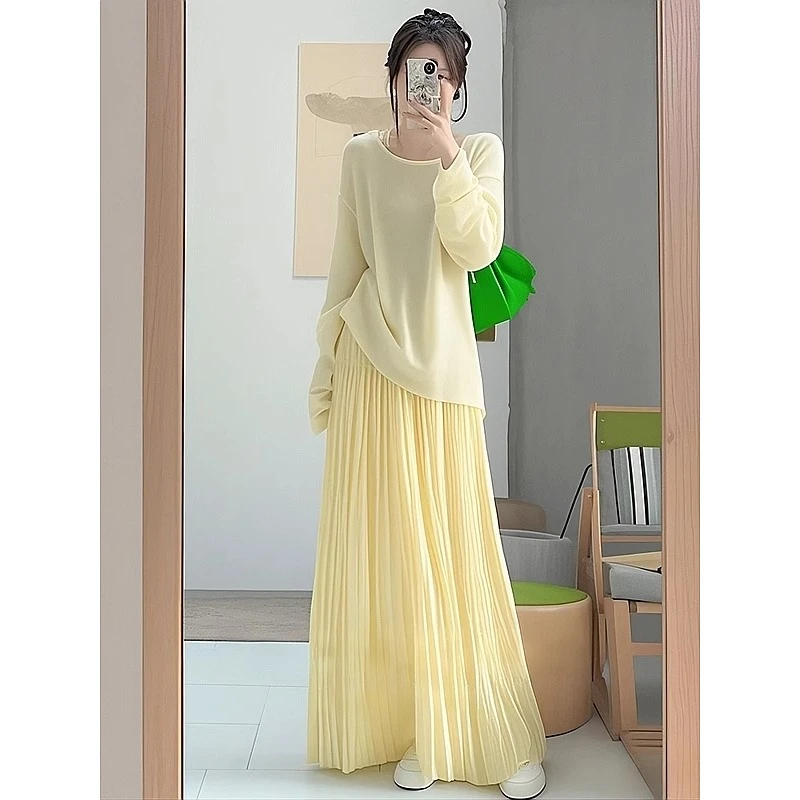 2025超火春装搭配一整套新款独特漂亮黄色慵懒百褶针织套装裙女装