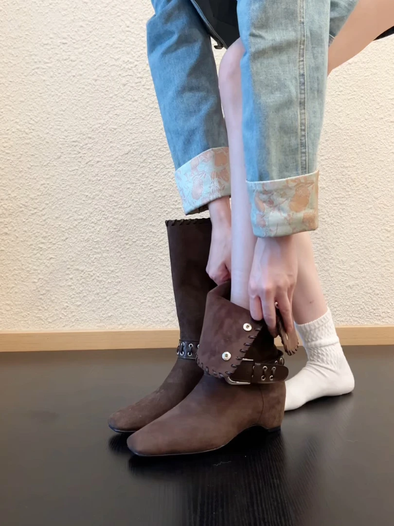 Pokoy-4.5cm复古小方头美拉德西部靴两穿翻折皮带扣气质短靴