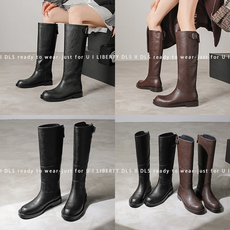 真皮圆头长靴女2025新款不过膝平底高筒靴皮带扣骑士靴