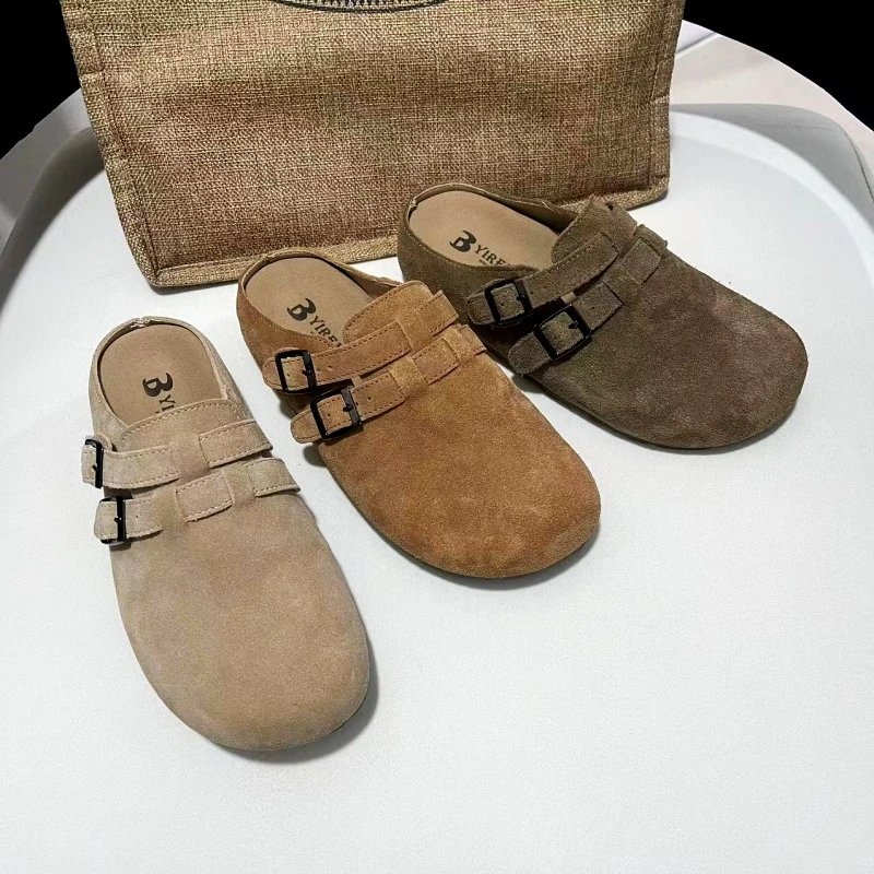 真皮勃肯鞋女厚底复古2025春季新款包头半拖内增高休闲鞋8877