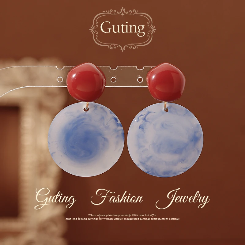 铜合金耳饰 22193红蓝撞色晕染几何圆盘耳钉女小众设计感耳环耳饰