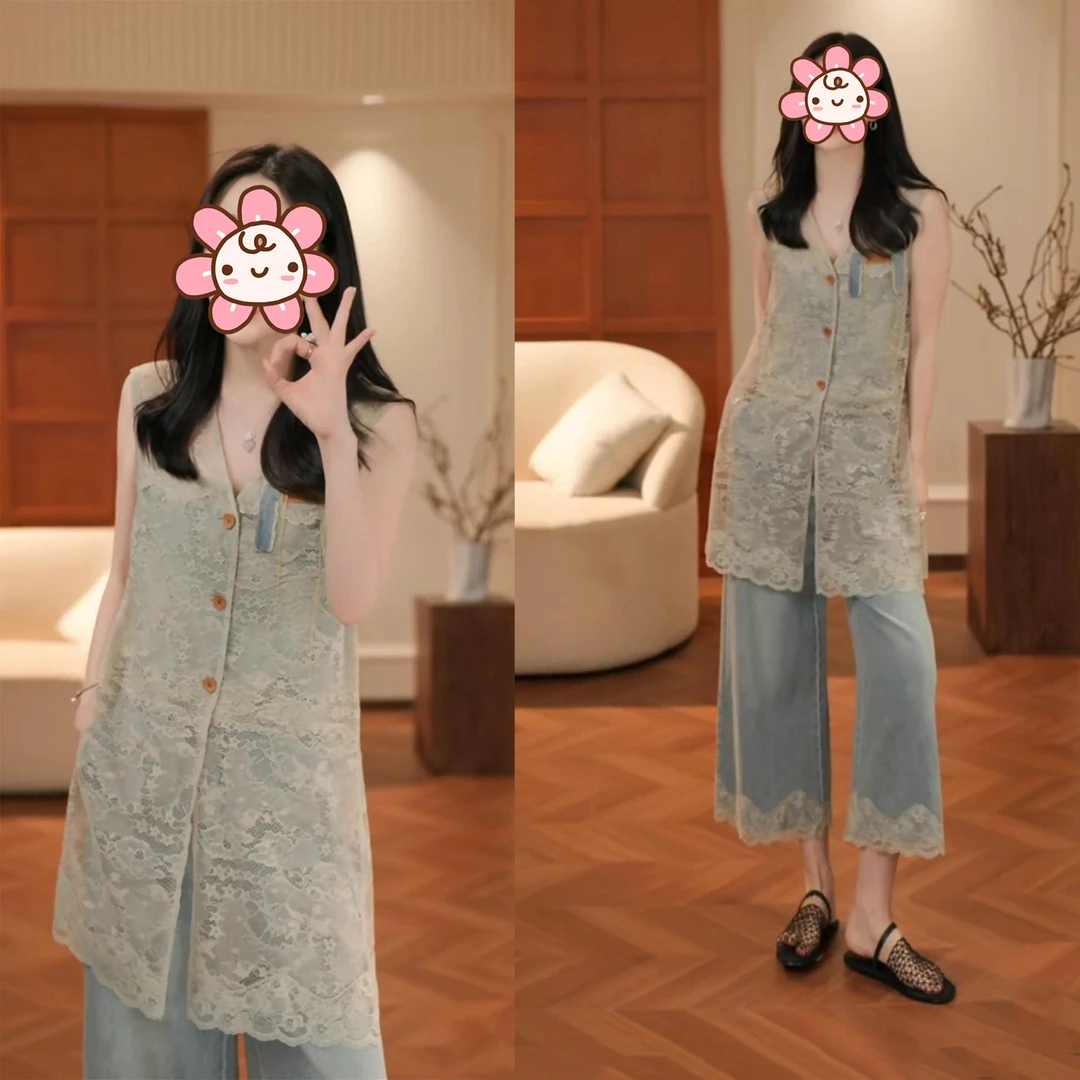 欧若风设计感轻奢牛仔套装女2025夏季新款蕾丝拼接洋气休闲两件套