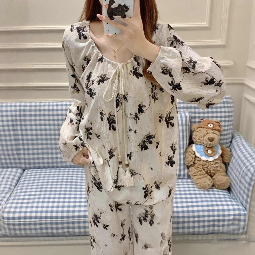 睡衣女款秋冬2025新款带胸垫甜美网红中式风女士可外穿家居服套装