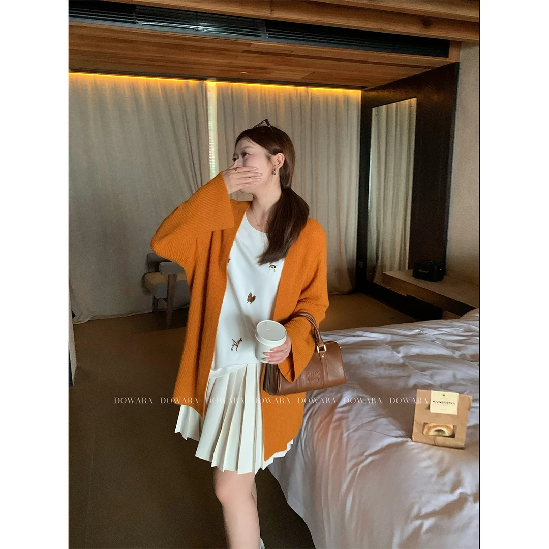 现货大婉酱微胖定制韩系V领毛织开衫春季慵懒风百搭休闲外套6742D