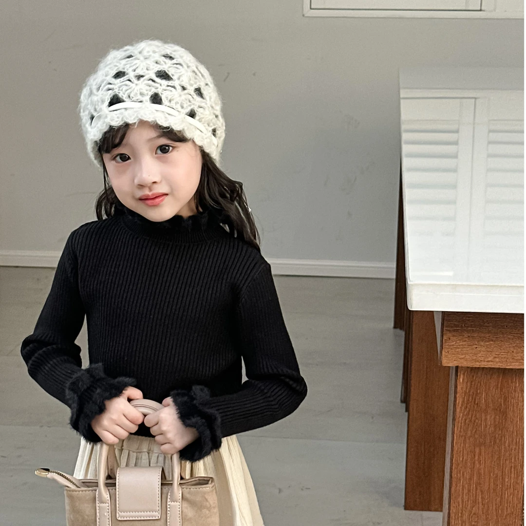 新款童装秋冬季女童木耳边针织衫半高领毛衣套头打底衫百搭上衣