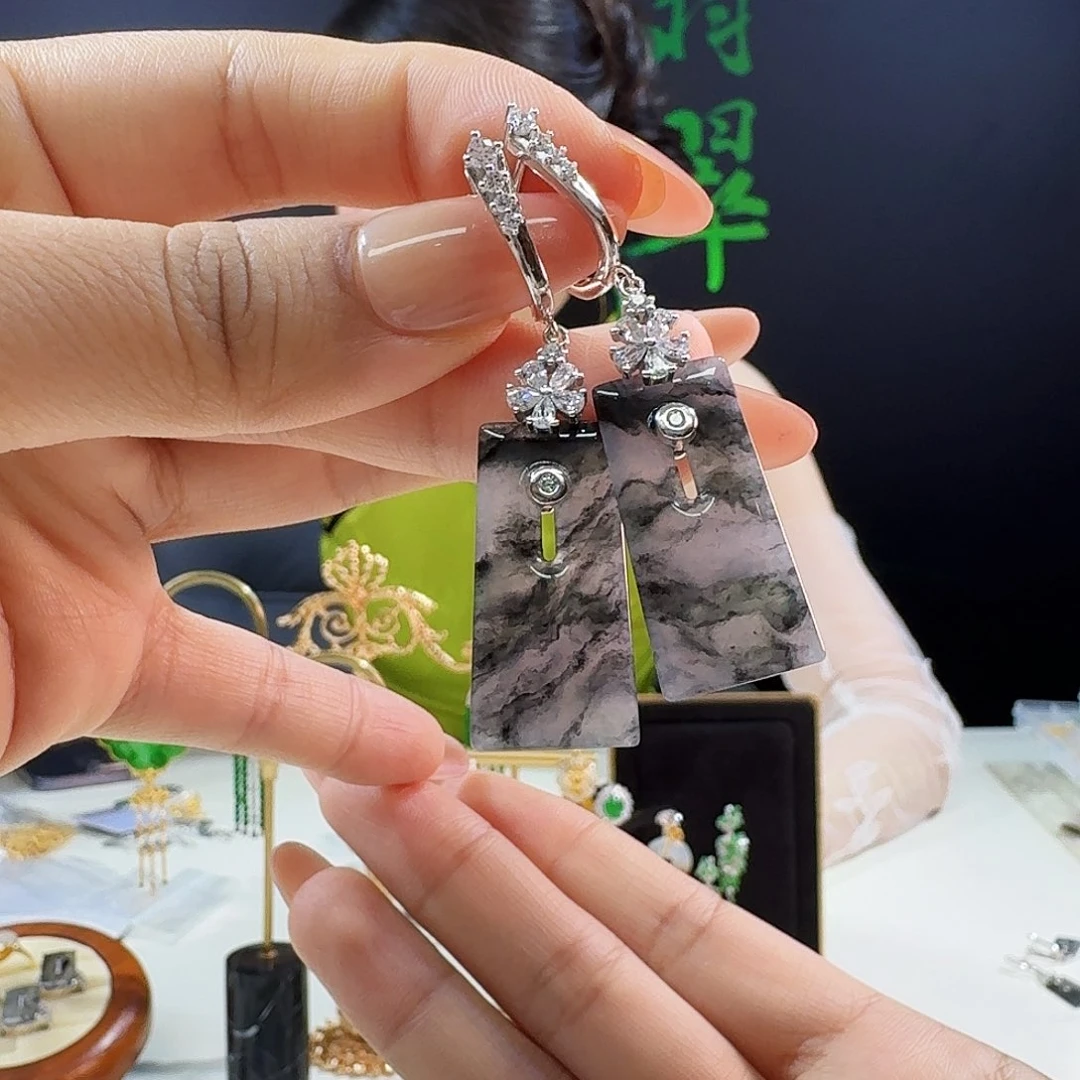 翡翠银S925镶嵌耳饰925镶嵌