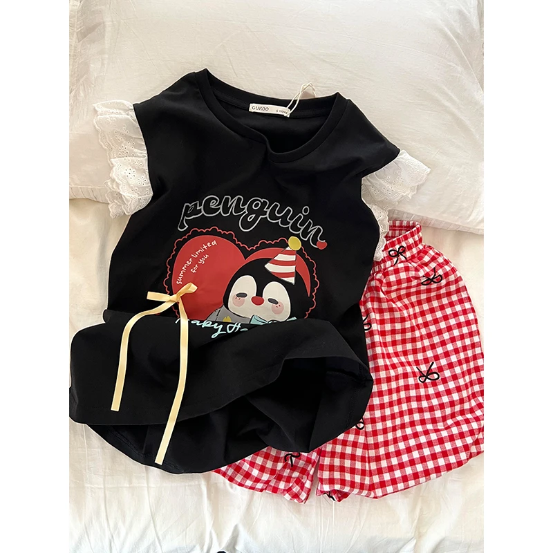 【蝴蝶结企鹅】韩系甜美可爱风短袖睡衣女夏季新款家居服套装可外穿