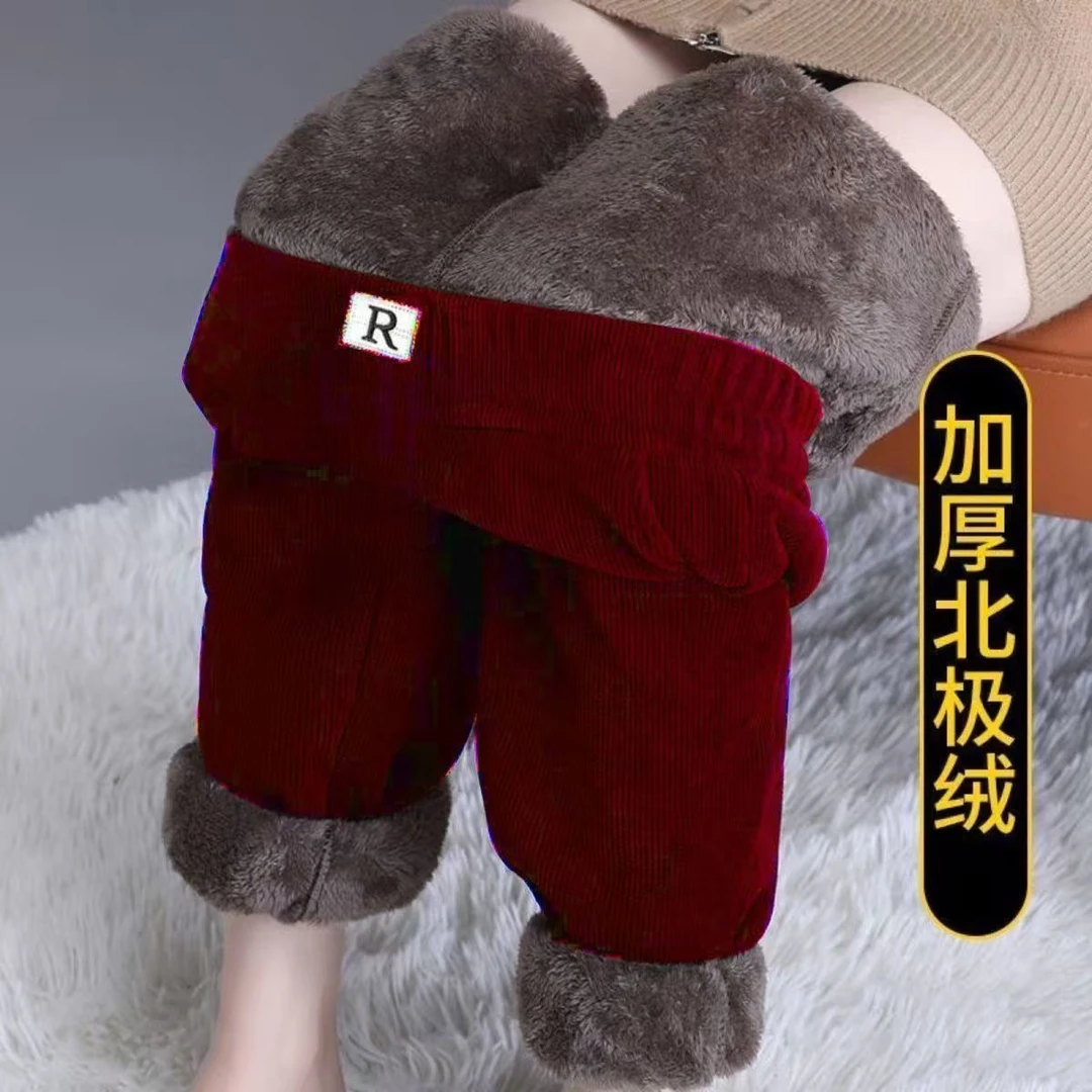 加绒加厚雪尼尔裤子女冬羊羔绒高腰宽松大码妈妈哈伦裤直筒休闲裤