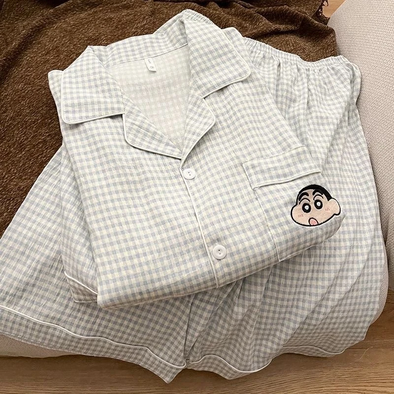 ins蜡笔小新睡衣情侣夏季新款短袖云朵棉蓝格子卡通宽松家居服