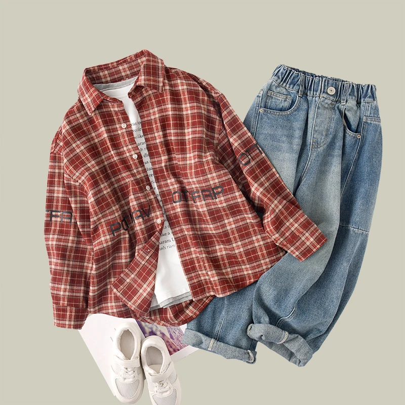 吴小越w1087男童衬衫长袖格子儿童上衣春秋款韩范中大童外套翻领