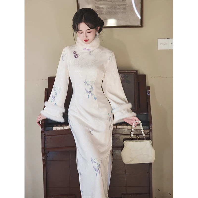 【荷风渡】新中式旗袍秋冬款高端加绒加厚改良年轻款少女小个子长袖