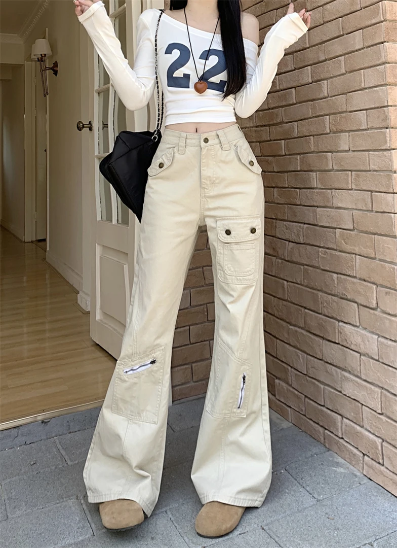 美式杏色多口袋微喇直筒牛仔裤女2025春季新款设计感休闲工装长裤