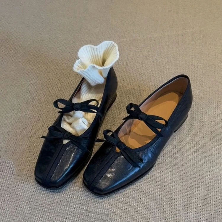 自留版~方头复古结玛丽珍鞋女浅口一脚蹬低跟法式芭蕾风单鞋