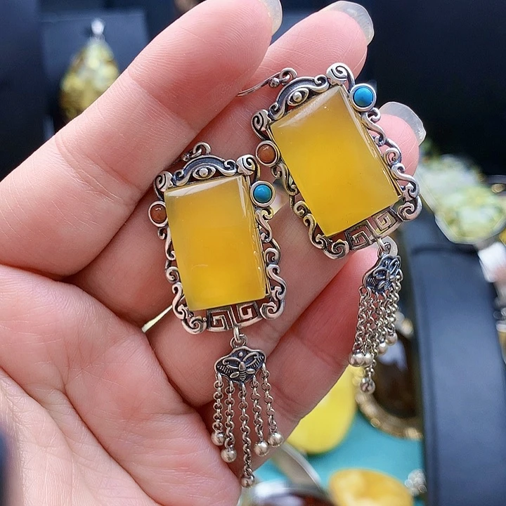 琥珀裸石银S925镶嵌朵*、耳坠