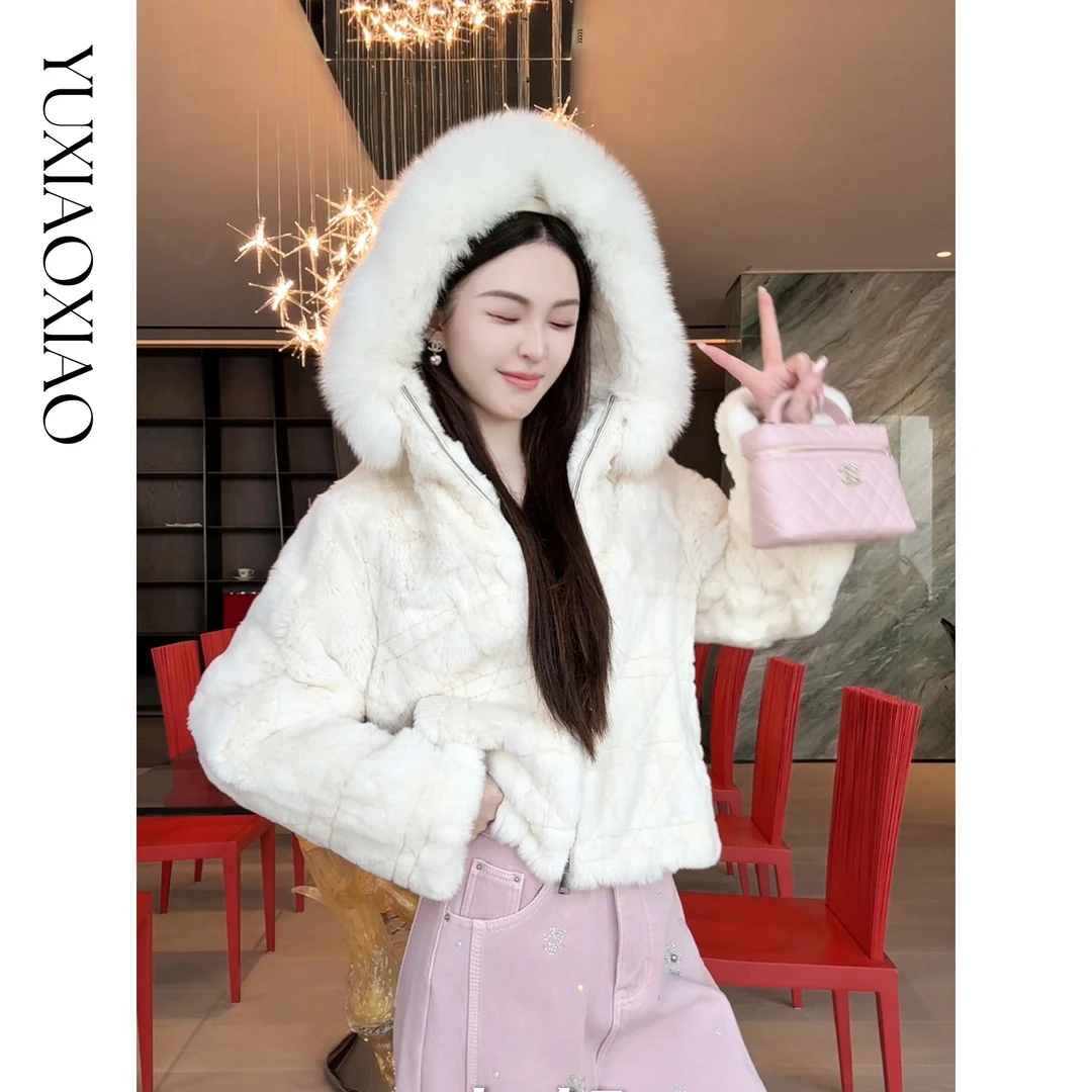 余潇潇【初雪降临】慵懒随性雷克斯獭兔毛拼接狐狸毛连帽皮草外套