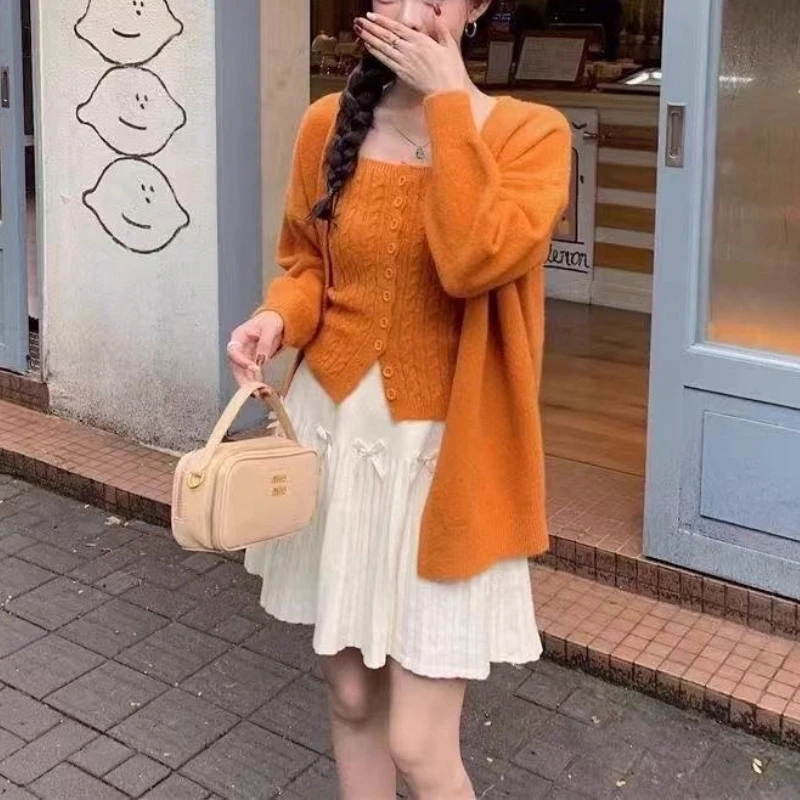 二件套港风复古麻花排扣针织背心v领开衫套装女秋冬宽松慵懒XY