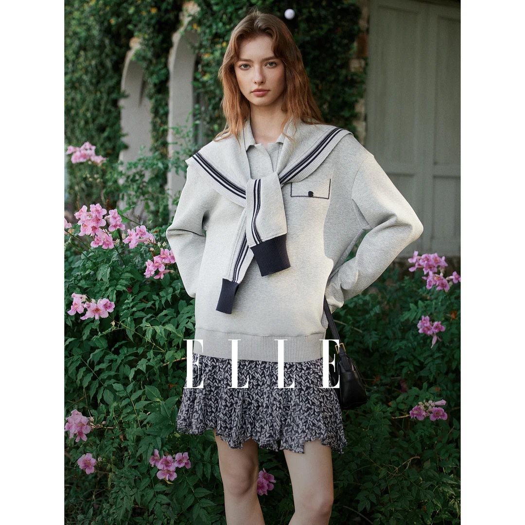 ELLE灰色格雷系设计感卫衣女2025春季新款宽松披肩慵懒EW50520