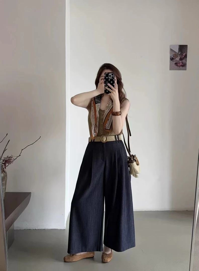 春秋高腰显瘦松紧腰垂感阔腿西装休闲女裤时尚