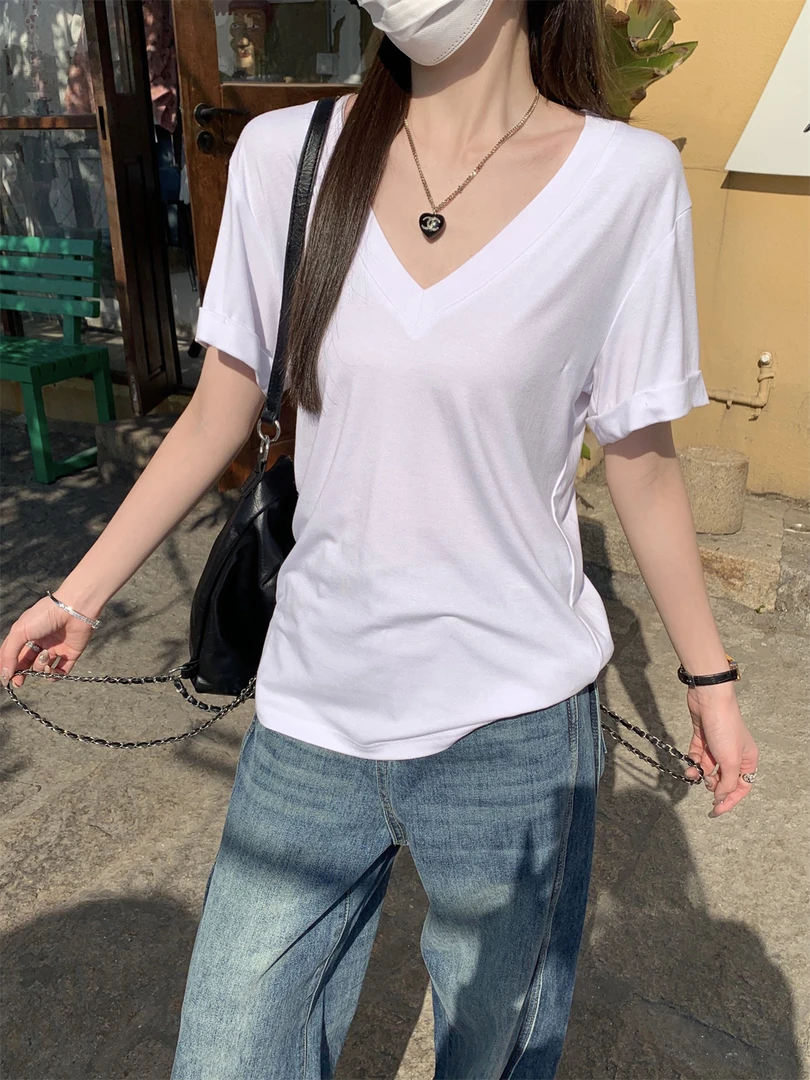 洋气衣服女春夏韩版v领宽松慵懒百搭简约莫代尔短袖T桖上衣女显瘦