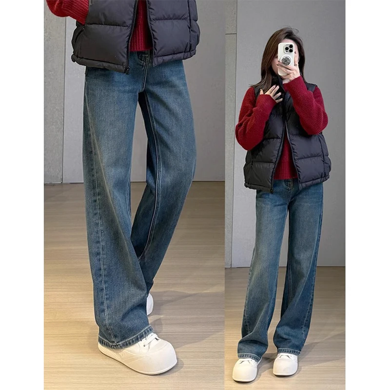 双扣高腰2025新款窄版牛仔裤女加绒直筒秋冬小个子爆款显瘦阔腿裤
